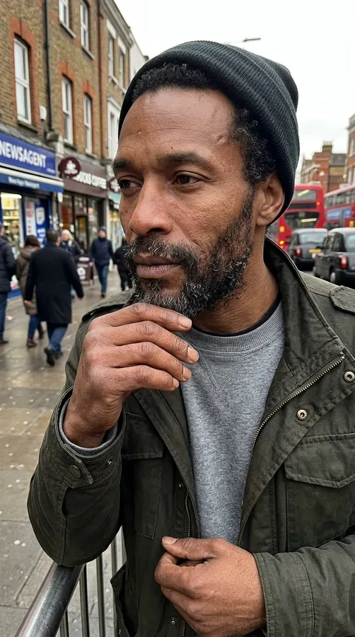 Homme avec un bonnet dans une rue de ville