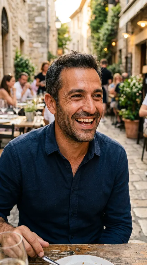 Homme qui rit à une terrasse de restaurant