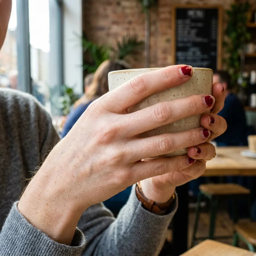 Main d'une femme tenant une tasse de café
