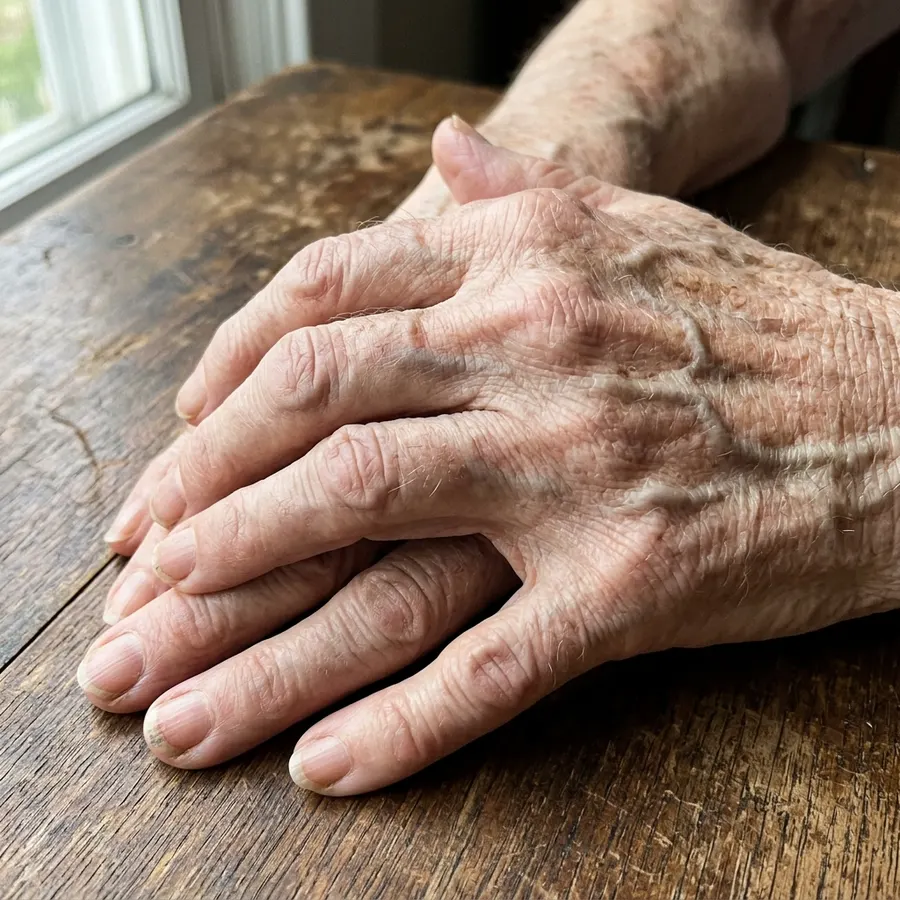 Gros plan des mains d'une personne âgée sur une table en bois