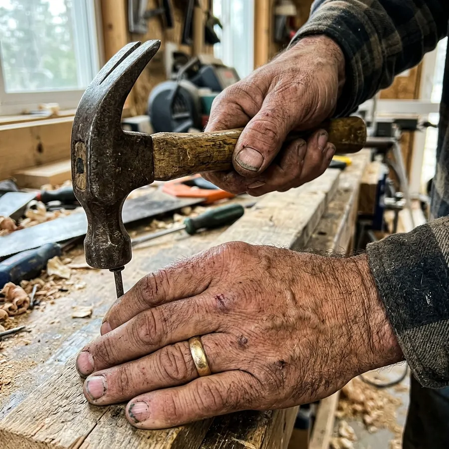 Mains d'un artisan tenant un marteau dans un atelier