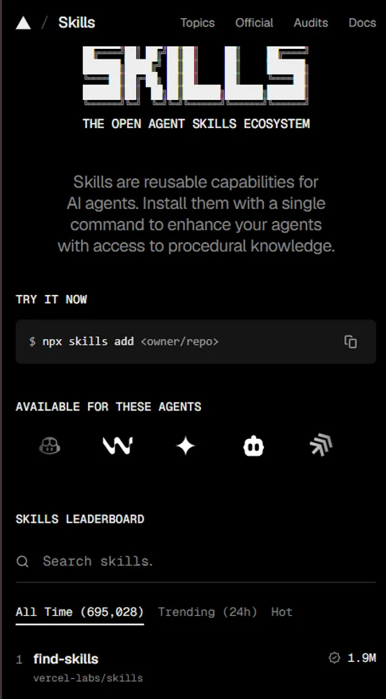 Page d'accueil du site skills.sh avec le classement des skills